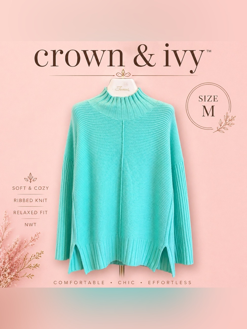 crown & ivy turquoise ribbed mock neck sweater NWT